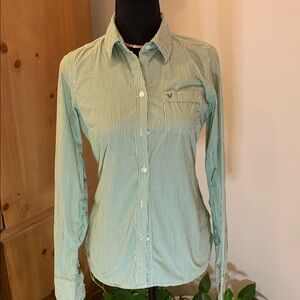 🌹Vintage American Eagle “FAVORITE” Green & White Striped Button Down Shirt